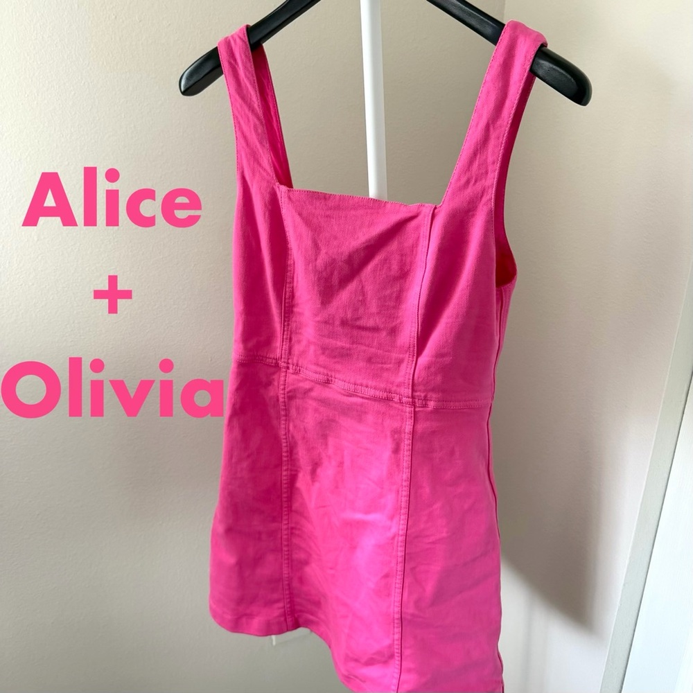🍉Alice + Olivia Ramsey Hot Pink Jeans Mini Dress Denim Sleeveless Square Neck
